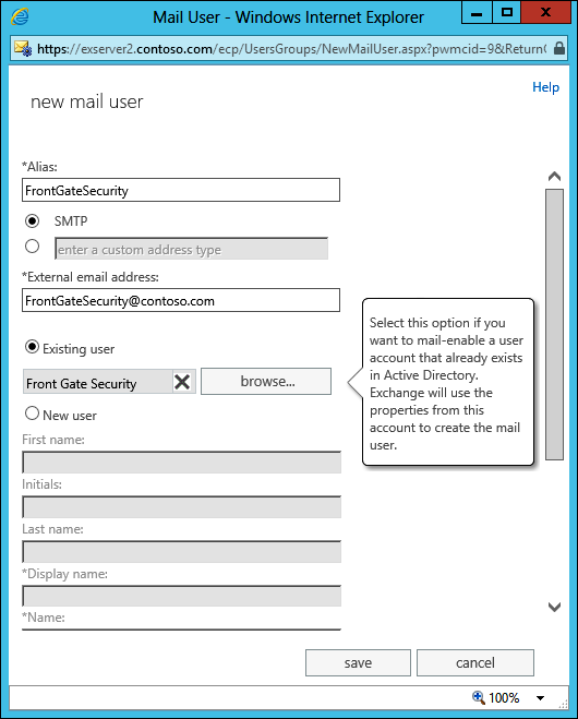 A screen shot from EAC showing the fields that have to be populated when a new mail user is created.