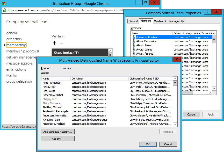 Screen shots showing three methods of viewing group membership. The left-most screen shows how EAC displays group members, the middle shows the same data as viewed through ADSIEdit, and the right-most shows how the group appears in the Active Directory Users And Computers console.