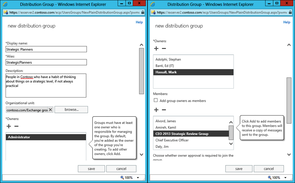 Screen shots of the properties of a new group called Strategic Planners as it is being created using EAC. The left-side screen shows that Administrator is listed as the group owner. This can sometimes be a problem, so ownership is updated in the right-side screen to reflect the real people you want to manage the group. At the same time, you have also added the members of the group.