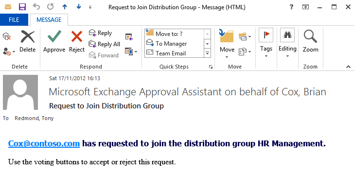 A screen shot showing how Outlook 2013 displays a message to a group moderator from a user asking to join a distribution group.