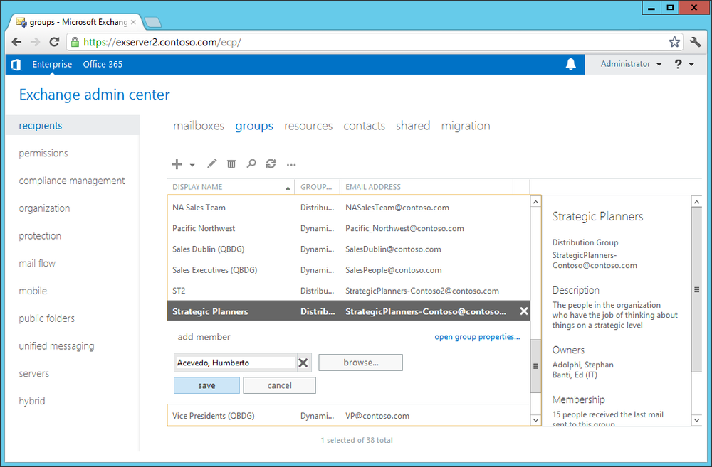 A screen shot from EAC showing the shortcut to enable administrators to add a new member to a group without having to access the full properties of the group.