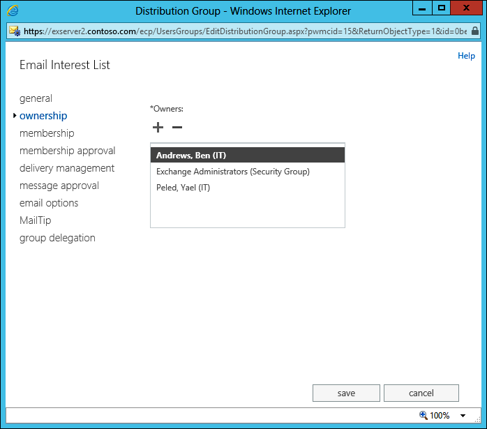 A screen shot from EAC showing the ownership properties of the Email Interest List group. Three entries are listed as owners. Two are individual mailboxes, and one is a group.