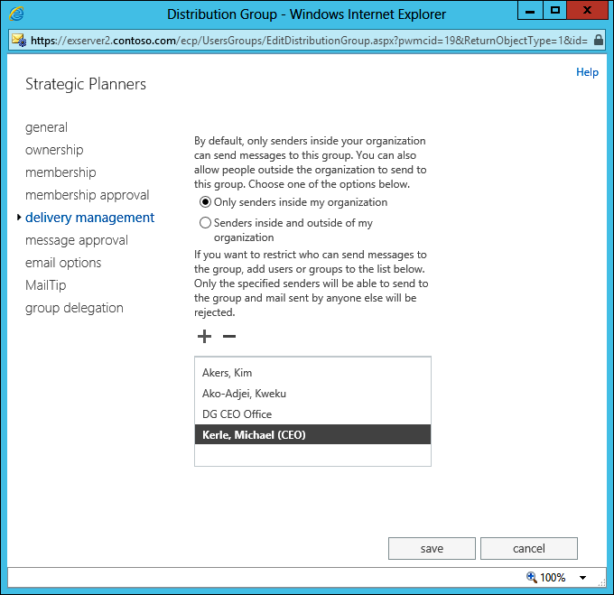 A screen shot showing the delivery management properties for a group, which control who can send messages to the group. The group is limited to accepting messages only from senders inside the organization, and the ability of the group to accept messages is further limited by a set of specified senders, including the CEO.