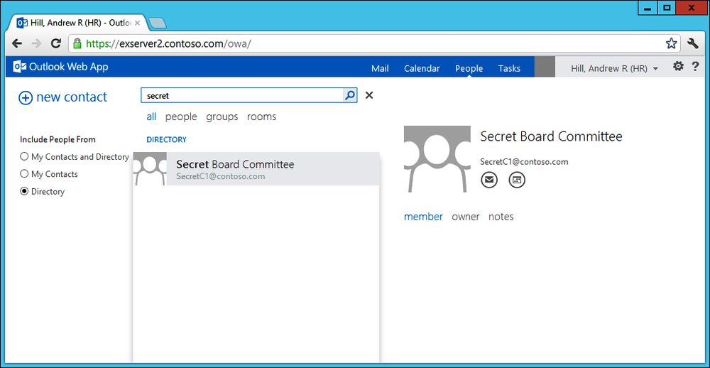 A screen shot from the People section in Outlook Web App showing how the membership of a confidential group can be concealed behind another group.