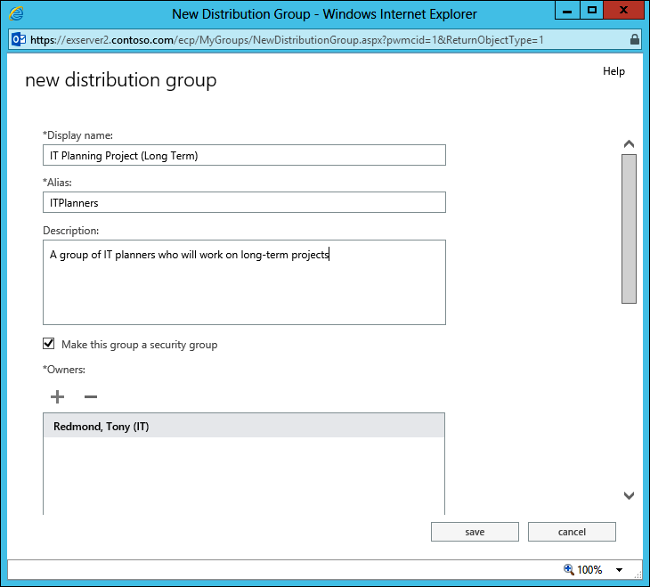 A screen shot showing how Outlook Web App permits users who hold the Organization Management role group to create security groups. The check box to make a group a security group is set.