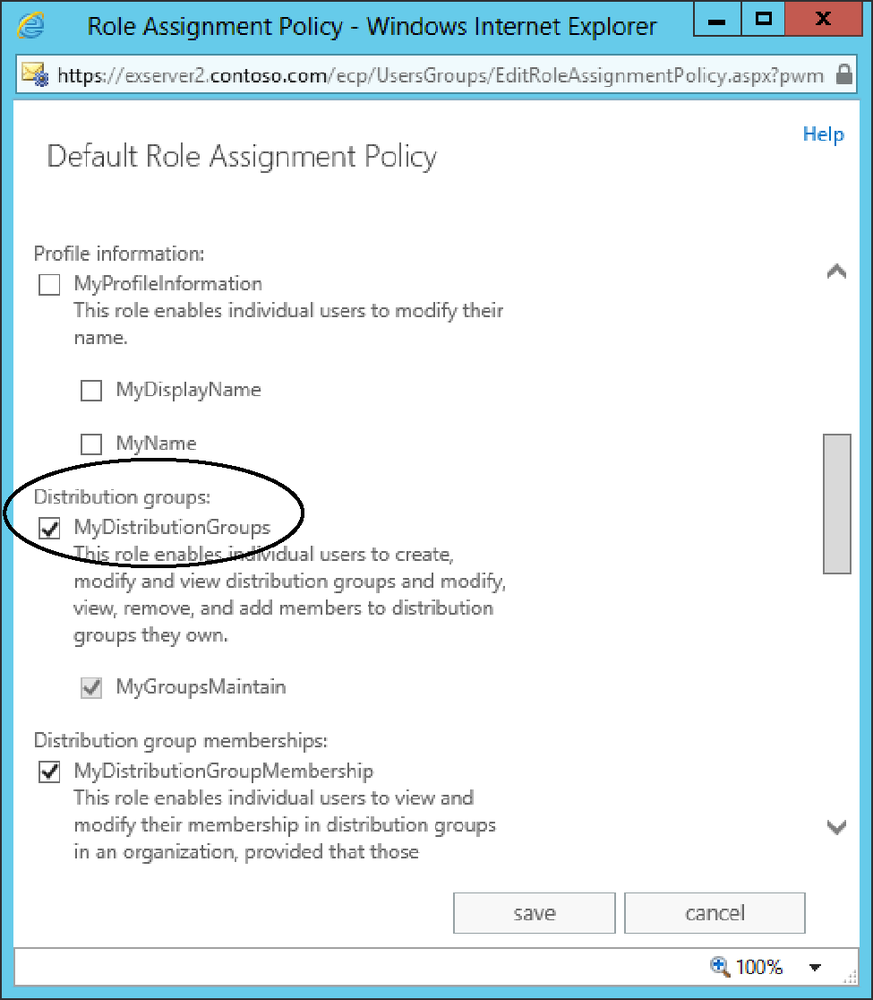 A screen shot showing the change made to the Default Role Assignment Policy to permit users to create new groups through Outlook Web App. The MyDistributionGroups check box is selected.