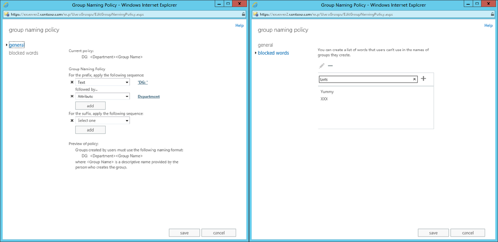 Two screen shots showing the component parts of a group naming policy. The left screen shows the naming section of the policy, composed of two parts: DG: and the department name. The right-side screen shows words that users are blocked from using when they create groups.