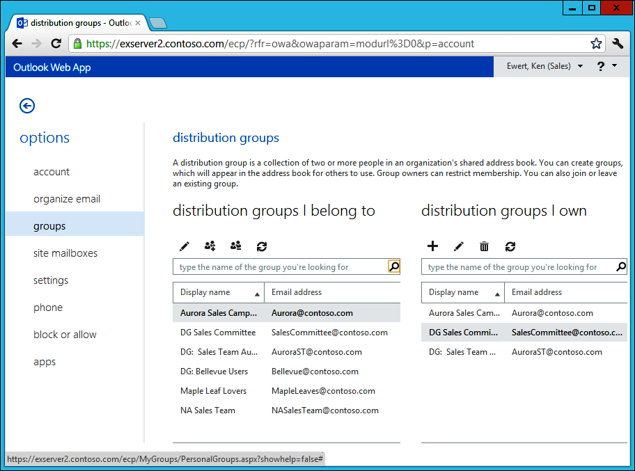 A screen shot of the user view of distribution groups Outlook Web App presents. On the left is a set of groups the user belongs to and on the right is another set that the user owns.