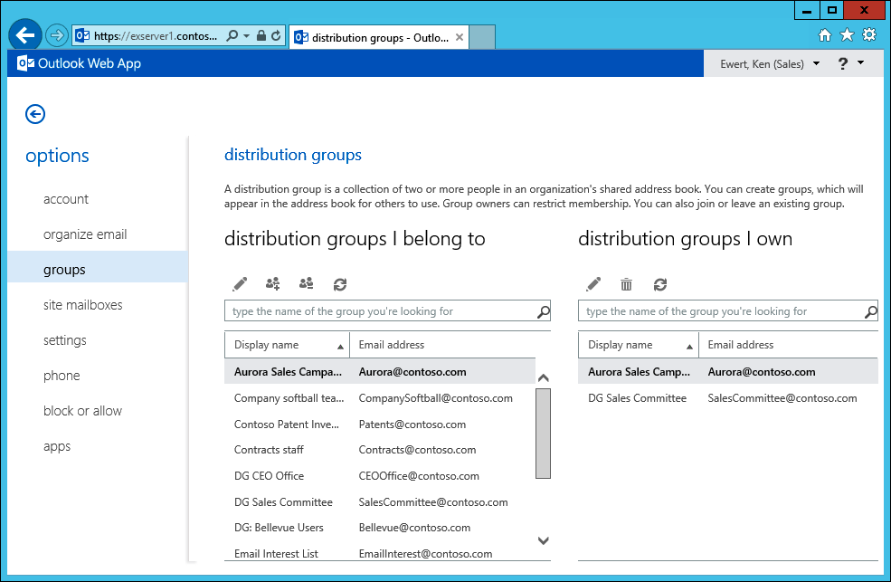 A screen shot showing the effect of applying a restricted default role assignment policy to a user. The option to create a new distribution group is not displayed. However, the user can still maintain the membership of the groups he owns.