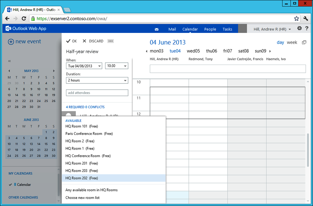 A screen shot from Outlook Web App showing how a room list (in this case, the HQ Rooms list) can be used to provide a filtered view of available rooms when scheduling a meeting.