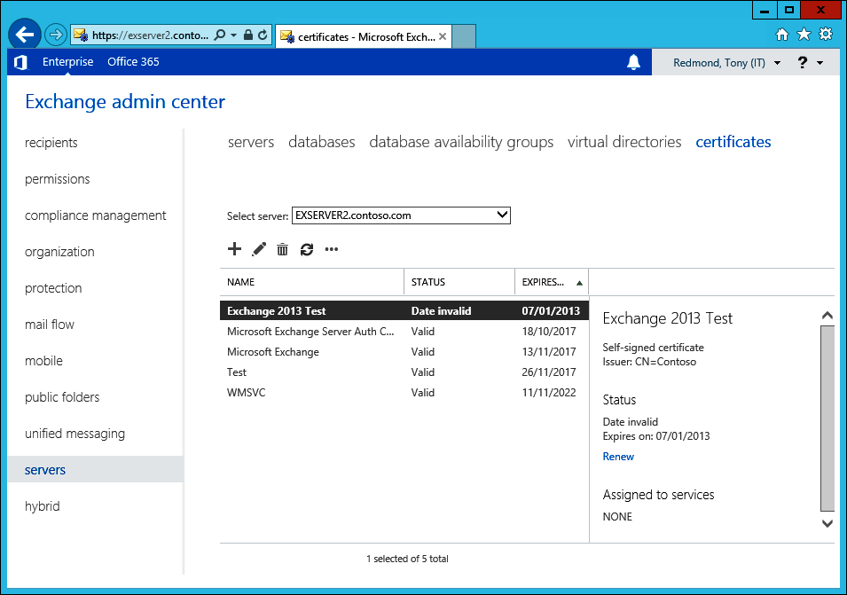 A screen shot of EAC showing the three default certificates that are installed on an Exchange 2013 multirole server plus two other certificates that have been created by the administrator. The selected certificate is marked as expired, and the renew option is available.