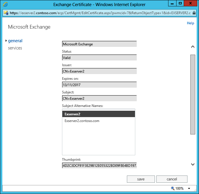 A screen shot showing the properties of the default Microsoft Exchange certificate installed on a multirole server.