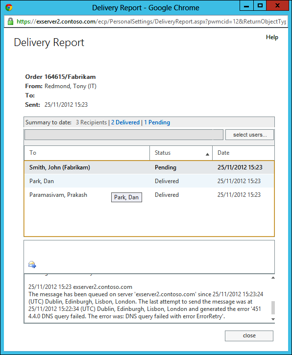 Screen shot of an example of the kind of troubleshooting information that can be gleaned from a delivery report. DNS was unable to resolve the domain to which a message was sent, so that’s the likely cause.