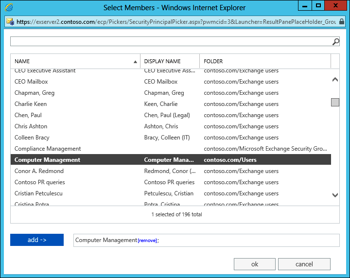 A screen shot from EAC showing how a Windows account called Computer Management can be added to an Exchange management role group. In turn, this allows the account to perform the actions permitted by the role group when it accesses EAC.