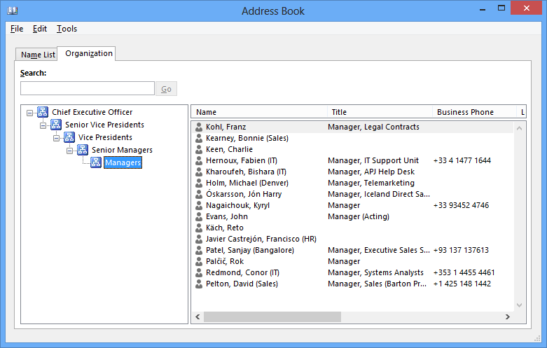 This screen shot shows how Outlook presents a hierarchical address book. The top level of the organization is the chief executive officer, then senior vice presidents, vice presidents, senior managers, and, finally, managers. The individuals who hold these positions are displayed for each level.