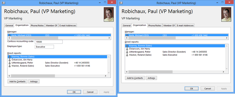 To show the effect of customizing a display template, the rightmost screen is the standard version Outlook uses to display the Organization details of a recipient. The leftmost screen is customized and includes two new fields, an accounting code and an employee type.