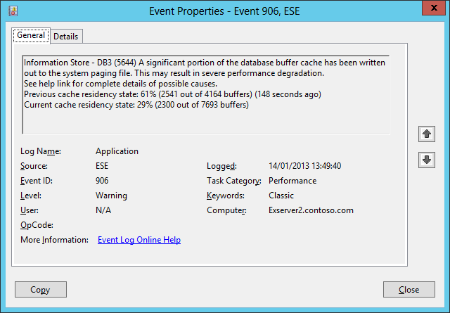 An example from the Application Event Log in which ESE logs event 906 to indicate that memory is short on a server and the Store has had to move data to disk.