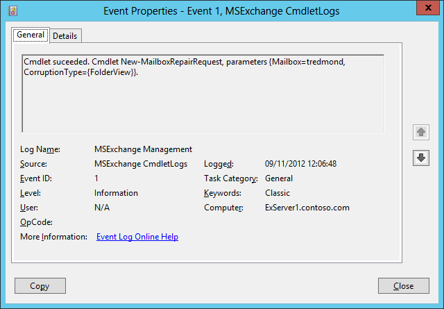 Details of event 1 written into the Application Event Log to indicate that the New-MailboxRepairRequest cmdlet has finished processing.