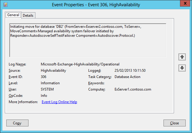 A screen shot of Event 306 logged in the crimson channel when Active Manager responds to a Managed Availability report stating that the Autodiscover component has failed on server ExServer2. Active Manager now initiates a move for database DB2.