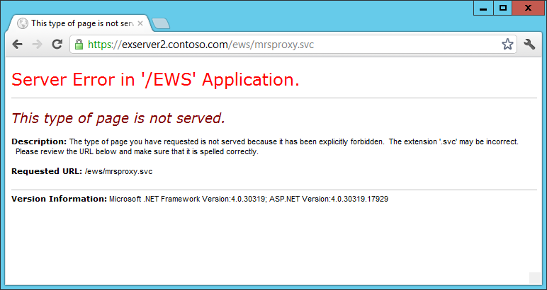 Screen shot showing the Server Error In /EWS Application error signaled by a browser when MRSProxy is not enabled on a server.