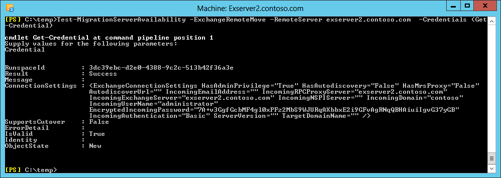 A screen shot showing how to run the Test-MigrationServerAvailability command by using EMS to ensure that a server is capable of handling out-of-organization mailbox moves.