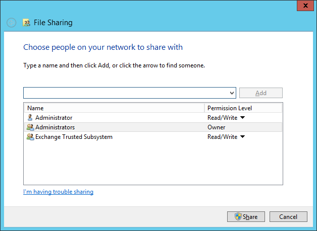 Screen shot showing that the Exchange Trusted Subsystem security group has been allowed Read/Write access to a file share created to hold PST files from which Exchange imports data to mailboxes or where Exchange creates PSTs to export mailbox data.