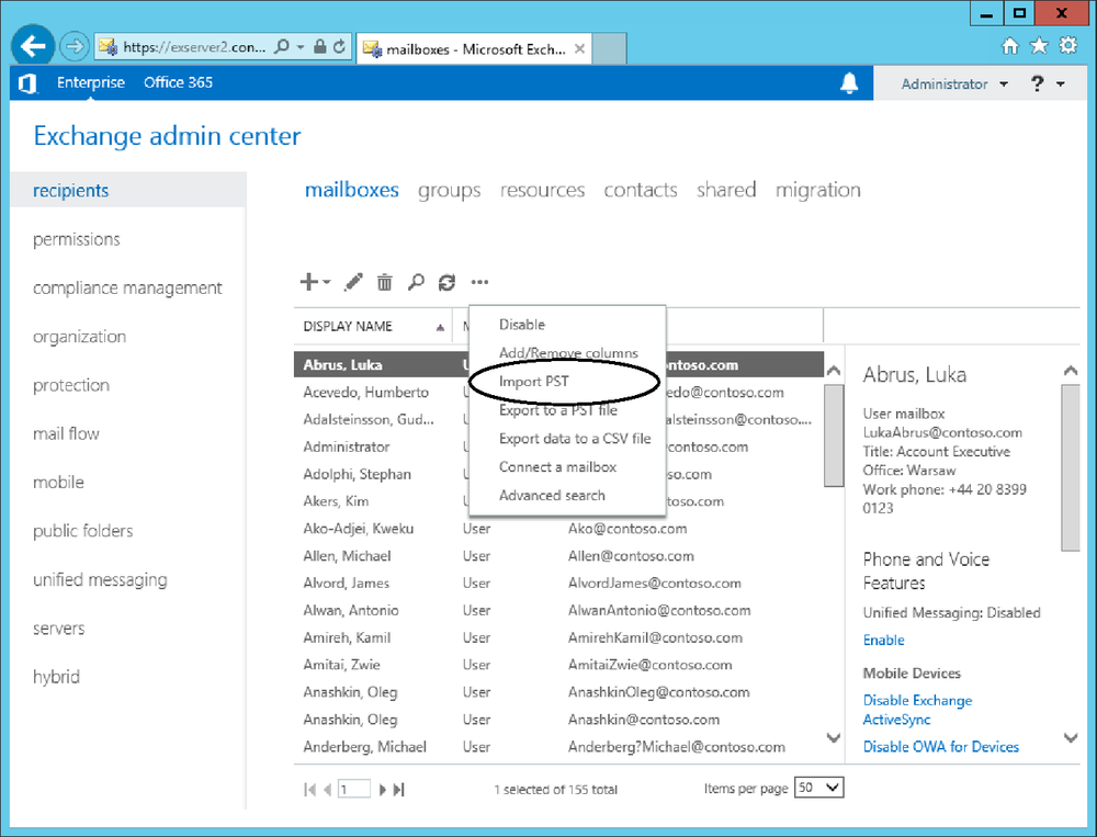 This screen shot illustrates the additional options EAC offers for mailbox. The Import PST option appears in a list in the middle of the screen. This option starts the process to import a PST.