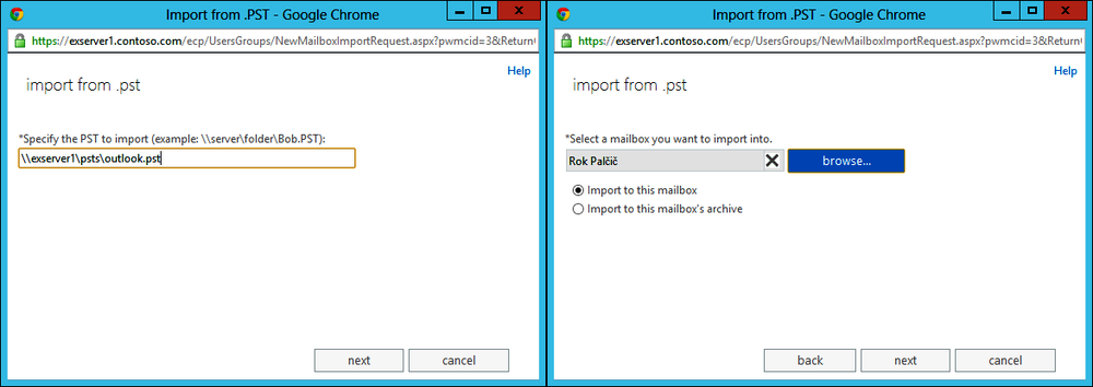 Two screens showing the steps taken to import a PST. On the left is the input of the complete file specification, including the file share name, for the PST to import. On the right is how the target mailbox is selected and the options to import to the primary mailbox (selected) or archive.