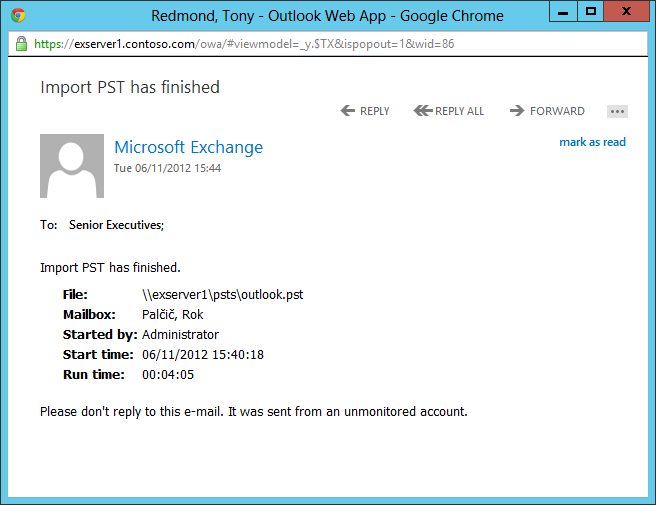 A screen shot of an MRS message notification stating Import PST Has Finished.