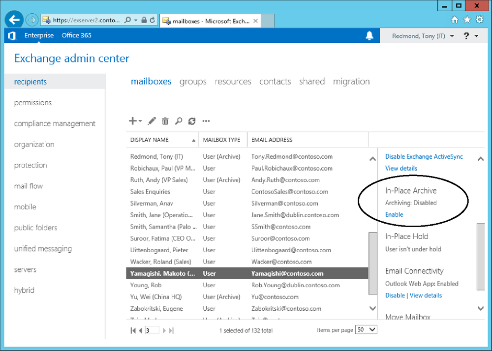 A user’s mailbox is selected in the Exchange Administration Center, and the option to enable an archive for the mailbox is highlighted. Clicking the option forces Exchange to create the archive and associate it with the user’s mailbox.