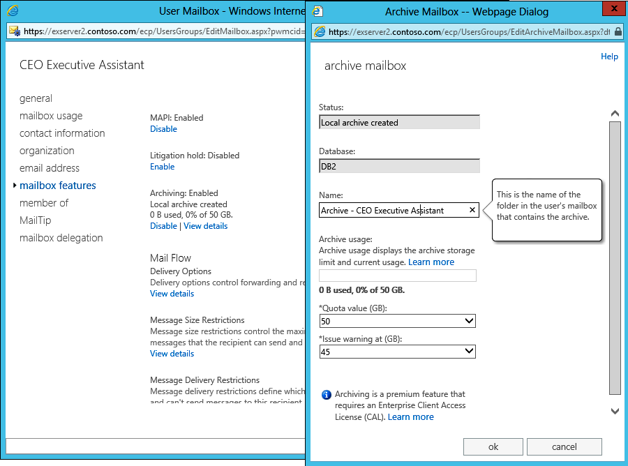 Two screens to show how to access settings for an archive through the properties of a mailbox. The first shows that Mailbox Features is selected from the list of mailbox properties. The second shows how the name of an archive can be edited to use whatever name is desired.