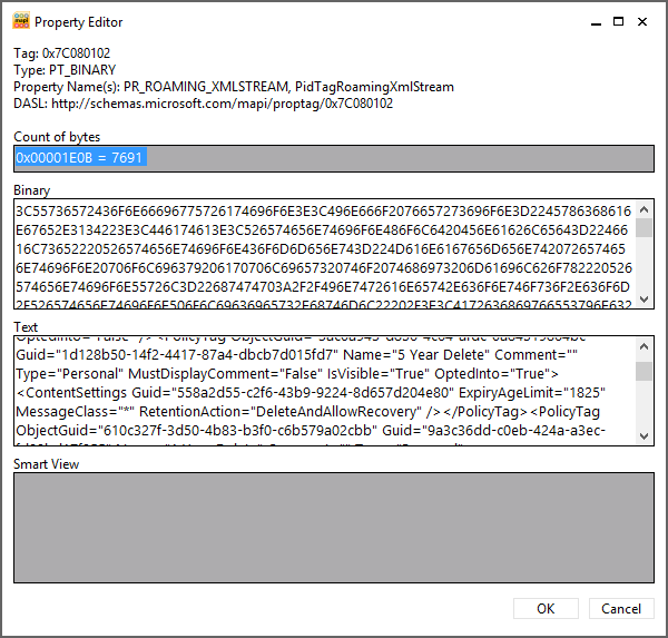 A screen shot illustrating the contents of the folder-associated item that contains the MRM policy information for a mailbox, using MFCMAPI to access the information. The lower text box shows details of the retention tags included in the policy.