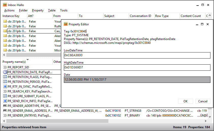 Another screen shot that shows how the MFCMAPI utility reveals details of retention item processing. In this case, the illustration is of the PR_RETENTION_DATE property for an item. The MFA has stamped a date of November 30, 2017, in the property, so the item should be retained until that date.