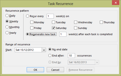 This screen shot is taken from Outlook 2013 and shows how an automatically regenerating task is created. In this case, the Regenerate New Task button is marked to indicate to Outlook that a new task should be auto-generated. The selected interval is 1 week, so the completion date for the new task is one week after the current task is completed.