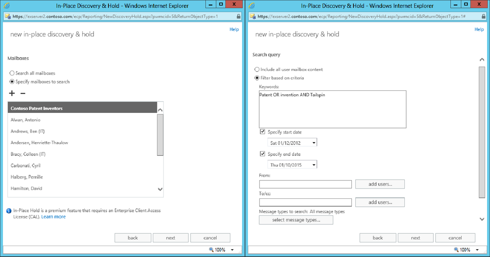 A screen shot showing the second and third screens EAC presents to collect information about a new search. On the second screen (left), the source mailboxes are identified. All mailboxes can be included in a search or just specific mailboxes, as selected here. The third screen (right) collects details of the search query that filter results from source mailboxes. A simple query of “Patent OR Invention AND Tailspin” is used here.