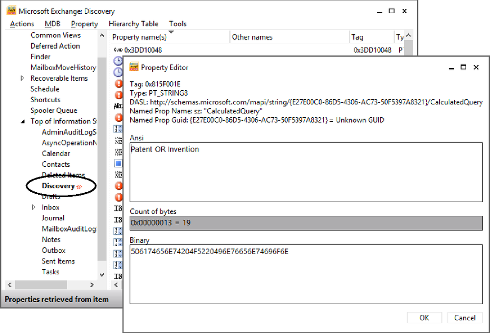 A screen shot taken with MFCMAPI to illustrate how details of searches are held in the search arbitration mailbox. This example shows the query associated with a search.