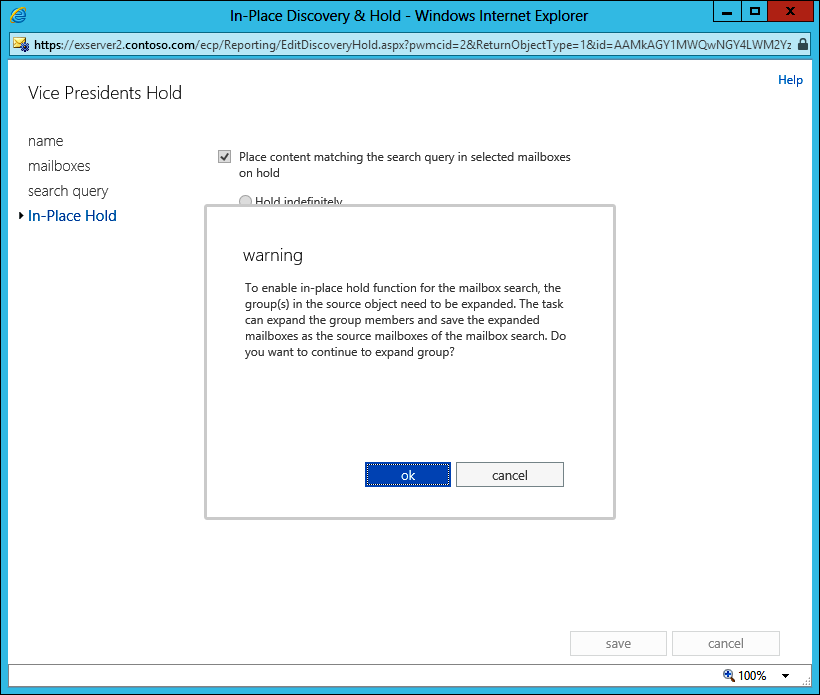 A screen shot showing the warning EAC issues whenever a group is added to an in-place hold. EAC informs the administrator that it has to expand the group membership and then apply the in-place hold to the individual mailboxes.