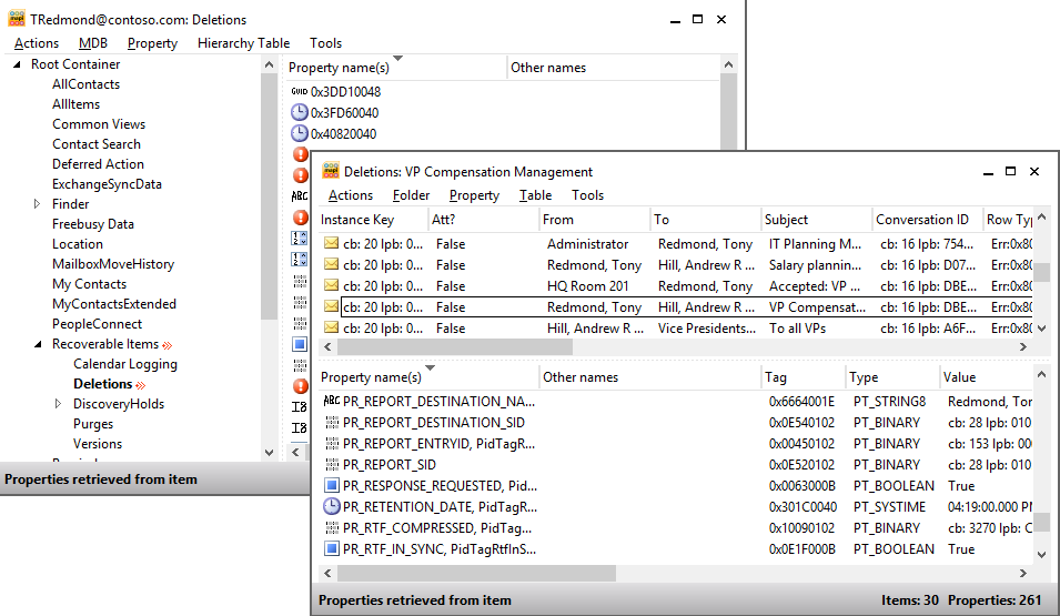 A screen shot showing how the MFCMAPI utility can be used to review contents of the subfolders under Recoverable Items that are invisible to clients such as Outlook.