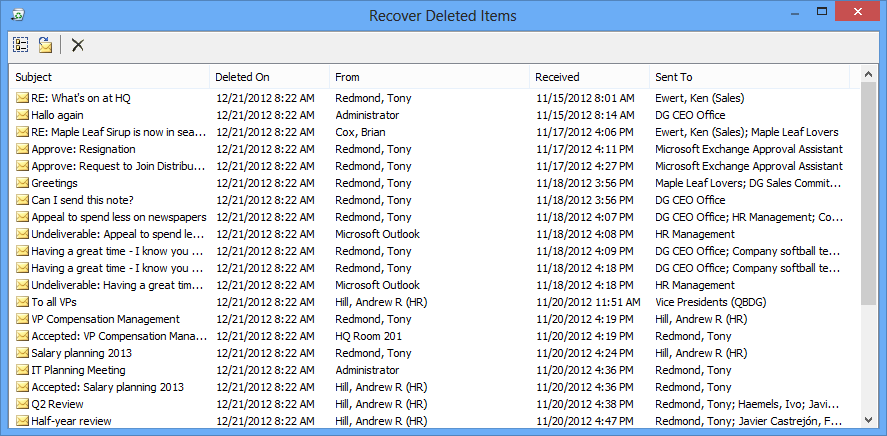 Recover Deleted Items in Outlook enables users to see the contents of the Recoverable Items folder, which is shown here. It does not expose the other folders in the Recoverable Items folder.