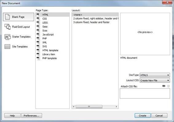 The New Document window lets you create nearly every type of web document under the sun. Dreamweaver includes a small set of prepackaged HTML layouts that you’ll learn more about in . You’ll find details about starter templates in .