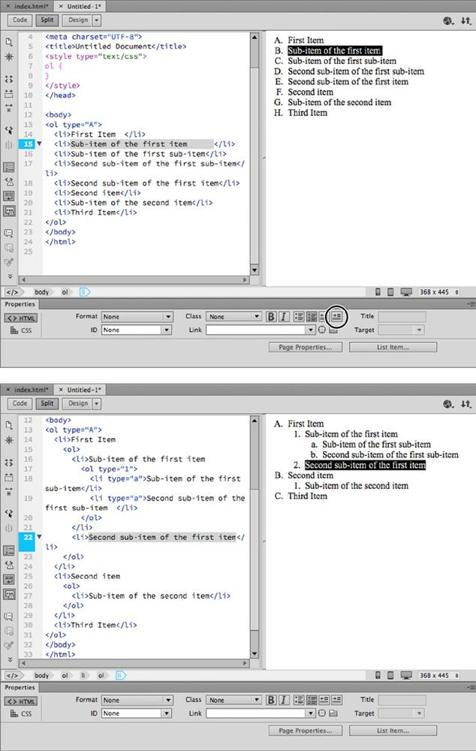 Top: To create a nested list, start with a single list — in this case, an ordered list using capital letters instead of numbers. Select an item in the list that you want to turn into a subtopic, and then click the Indent button (circled), or choose Format→Indent.Bottom: The entry becomes nested, indented from the main list and with its own numbering scheme. Here you’ve nested several subtopics. Notice that Dreamweaver has renumbered the major items to reflect the list’s new order — item F from the top figure is item B in the bottom figure.