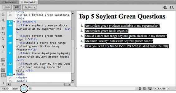 The Tag Selector (bottom left of the document window) is a great way to quickly and accurately select an HTML tag and its contents. Clicking the <ol> (ordered list) tag, for instance, selects the entire numbered list, as shown here. Clicking the <li> tag selects just one list item.