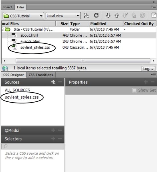 When you create a style sheet, Dreamweaver lists it in the Local Files panel. In this case, the style sheet (circled) sits in the site’s root folder, but you can put it in any folder on your site. For example, some web developers like to reduce the clutter in the root folder by placing all their CSS files in a folder named css. No matter where you put the style sheet, Dreamweaver lists it in the Sources panel when it’s linked to the current page.