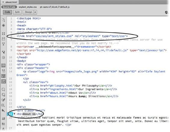 When you examine the HTML that defines your web page, you see the line that links the page to the style sheet soylent_styles.css (circled, top). Farther down, you see the <h1> heading that reads “About Us.”