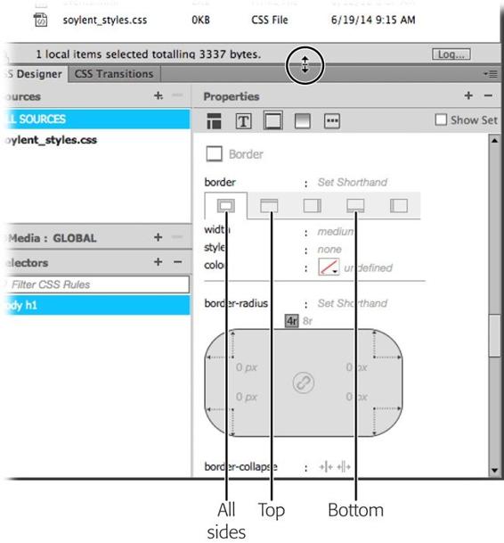 Drag the top edge of CSS Designer (circled) to see more properties. You can set individual left, right, top, and bottom properties for many border options.