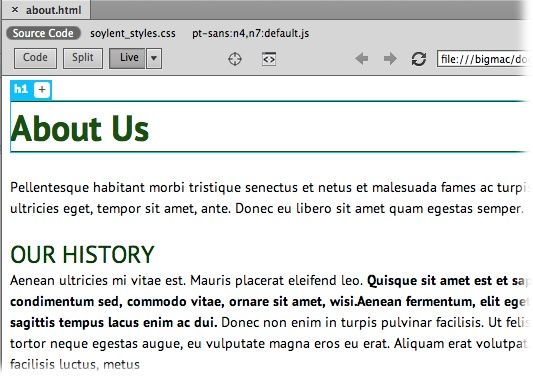 Headings like Our History look better when they sit snug atop a paragraph. To create this look, you need to change both the heading’s margin-bottom value and the paragraph’s margin-top value. In this example, both are set to 0px.