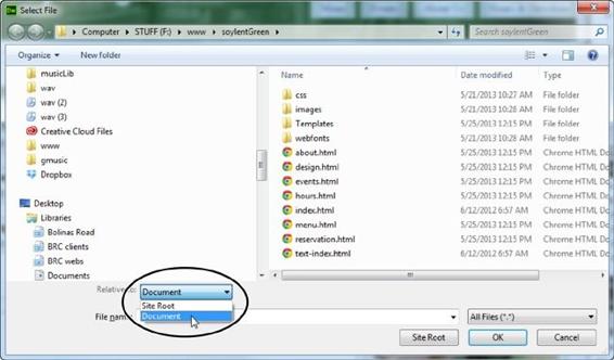 In Windows, use the Select File dialog box to identify a link’s target page. When you set up a site, you can tell Dreamweaver whether to use document- or root-relative links (). Later, if you need to temporarily switch to a different type of link (to a root-relative link if you set up your site for document-relative links, for example), use the “Relative to” drop-down menu (circled).