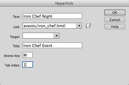 As an alternative to this dialog box, you can apply all the settings you see here, except the “Access key” and “Tab index” properties (see steps 7 and 8 below), to text or images using the Properties panel. Also, keep in mind one somewhat special case: If you want to add an access key and tab index to an existing link without using Insert→Hyperlink, go into Code view (as described in ) and hand-edit the HTML.