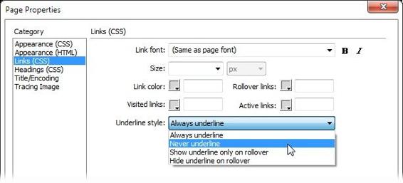 The Page Properties’ Links (CSS) window lets you set basic properties for the links on a page, including their font, color, and size. This window is mainly a shortcut for creating CSS styles.