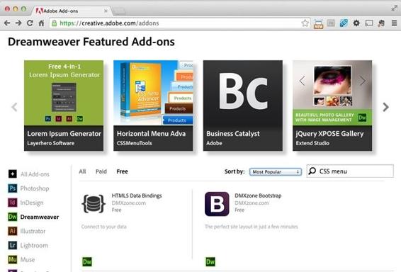 Adobe Add-ons is your source for finding and installing Dreamweaver tools, like Advanced CSS Menu Light, that extend the power and features of Dreamweaver and other Adobe applications. To browse add-ons, use the All, Paid, and Free buttons. To search for a specific extension, type a couple of keywords in the search box. Once you find an interesting candidate in the grid of add-ons, click it to see more details.